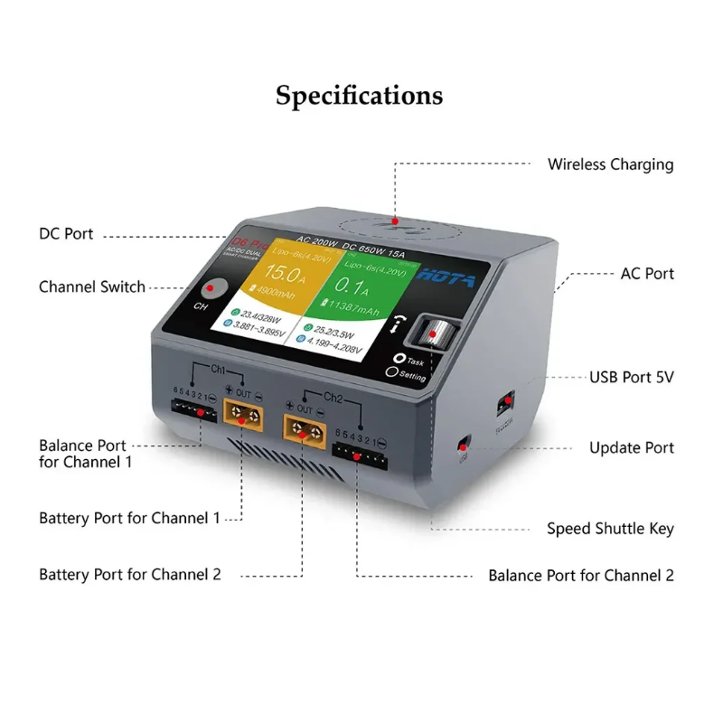 Беспроводное зарядное устройст – обзор и цена Hota D6 Pro Dual Lipo Charger